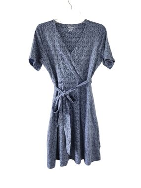 NEW L.L. Bean Blue Printed Wrap Summer Dress Small Petite SP Blue Toanl Print